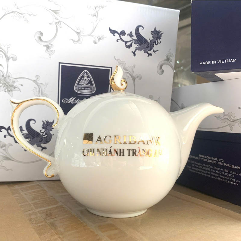 Bộ Ấm Chén In Theo Yêu Cầu Dáng Bưởi Kẻ Chỉ Vàng | ACPPR04